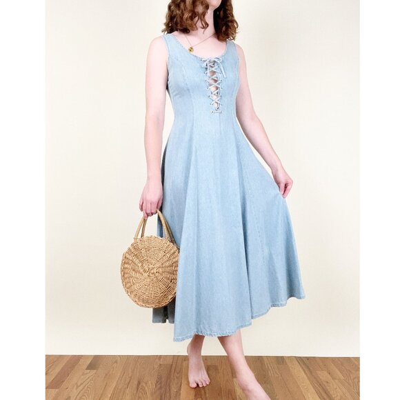 Vintage Lace Up Corset Midi Maxi Dress Summer Sun A-line Whimsigoth Cottagecore - Picture 2 of 10